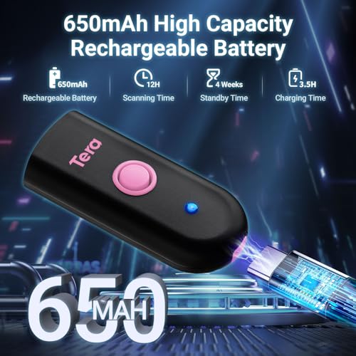 Image of Tera Barcode Scanner Mini 1D Wireless: 3-in-1 Works with Bluetooth 2.4G USB Wired Portable Laser Bar Code Reader Pocket Size for Windows Android iOS Tablets Computers 1100L Pink