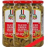 CANEEN - Sliced Green Olives 450gm*3 | Select Quality Manzanilla Olives | Imported from Spain |Suitable for Pizza, Tapas, Wraps | Tangy Flavour & Firm Texture ( Pack of 3 )