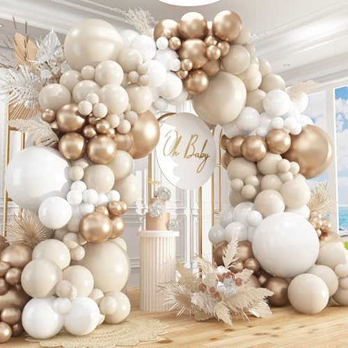 Image of 412Pcs White Sand Champagne Gold Balloon Arch Kit, Metallic Champagne Gold Neutral Balloons Garland for Boho Wedding Baby Shower Bridal Shower Engagement Anniversary Decorations