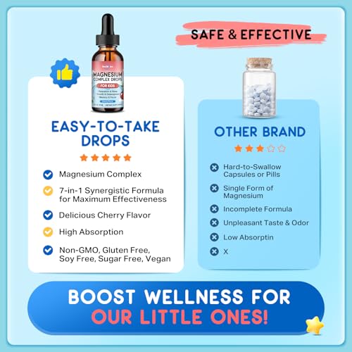 Image of (2 Pack) Magnesium Glycinate Liquid for Kids, Kids Magnesium Liquid Drops Supplement with L-Theanine, Calcium, Zinc, Vitamin D3 K2 for Sleep Calm Relaxation Brain Bones Focus, Cherry Flavor 4 Fl Oz