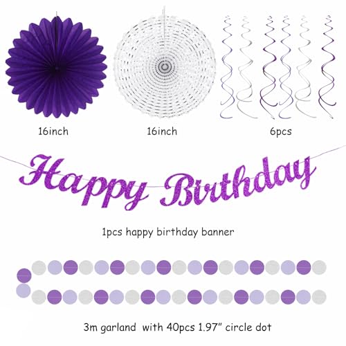 Image of Purple Lilac-Lavender Silver Women Birthday Party-Decorations - 21pc Happy Banner,Paper Lanterns Streamers,Tissue Pom Poms Honeycomb Flower Fan, Girls Hanging Decor Supplies Garland Backdrop Huglony