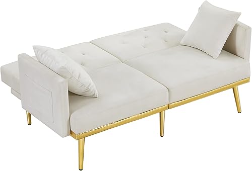 Miniatura 63 de Moderno sofá biplaza de terciopelo de 59 pulgadas con 2 bolsillos, sofá cama convertible tapizado con respaldo múltiple ajustable, sofá futón con