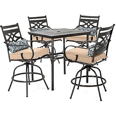 Hanover Montclair All-Weather 5-Piece Outdoor Dining Set, 4 Cushioned Swivel Counter-Height Chairs and 33" Stamped-Top Square Table, High Top Patio Dining Set for 4 for Backyard, Deck, Patio