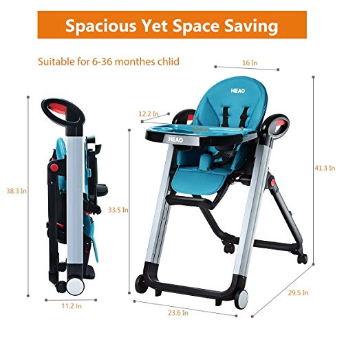 Heao Baby High Chair Convertible To Toddler Chair,Reclining Highchair With 7 Heights 4 Wheels,Foldable Space Saving Blue #TOP5