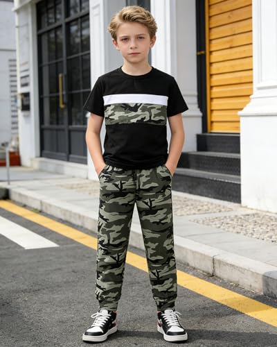Image of OLMRJKD Boys 2 Piece Outfits Color Block Clothes Short Sleeve T Shirt and Camouflage Pants Summer Clothing Sets
