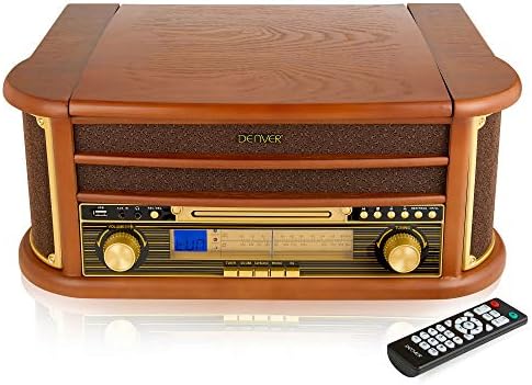 Denver 8-in-1 CD Cassette Player Retro Wooden Record Player HiFi System  3 Speed Vinyl Turntable & Cassette With CD Player, FM/AM Radio, MP3 USB Recording, AUX IN And Line Out  MCR-50