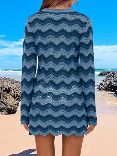 Women's Crochet Colorful Mesh Summer Long Sleeve Cover Ups Casual Striped Beach Wear Knit Mini Dresses4