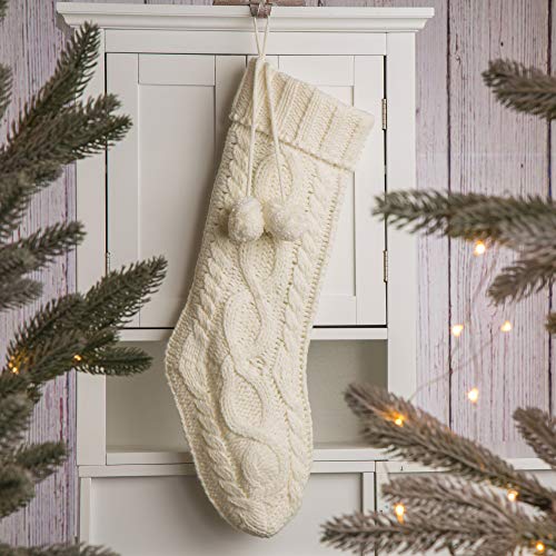 glitzhome 24 L White Knitted Polyester Christmas Stocking with Pom Pom Ball Oversize Christmas Stocking for Christmas Party Home Decoration