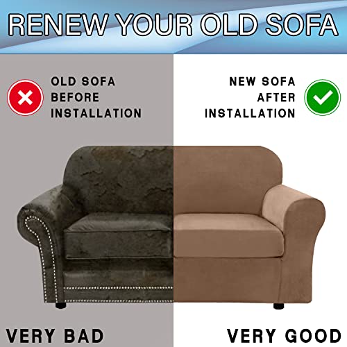 Ulticor 3-Piece Velvet Loveseat Cover, Luxury Thick Soft Sofa Slipcover For 2 Cushion Couch, Loveseat Slipcover, 2 Seat Couch Cover, High Stretch, Quality, Machine Washable (Sand, Medium) #TOP4