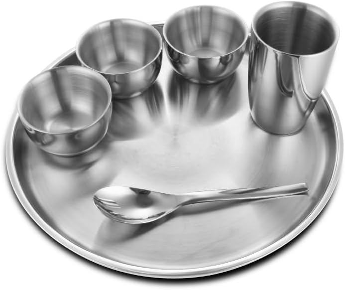 - Shri & Sam Stainless Steel Nikki Double Wall Thali Set, 6-Pieces, Silver