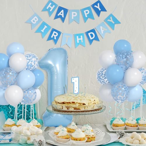 Yumiche BIRTHDAY-1 Baby Blue White Balloons And 40Inch 1 Balloon, First Birthday Decorations For Boy With Blue White Confetti Balloons, Happy Birthday Banner Large 1 Balloon For Baby Boys Birthday Party Decorations thumb #2