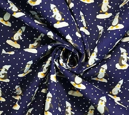 100% Polycotton Christmas Fabric - New Designs (Per Metre) - Xmas Snowflakes Gingerbread Men Stars - Dress Fabric - Simply Sew Crafty™ (Penguins on Navy, 1 Mtr)