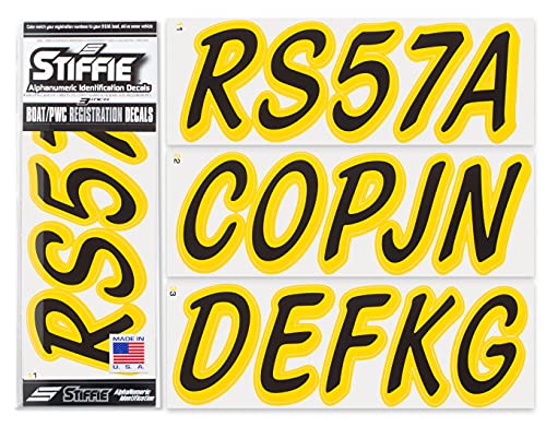 Image of Whipline Solid Black /Yellow 3 inch Alpha-Numeric Registration Identification Numbers Stickers Decals for Boats & Personal Watercraft