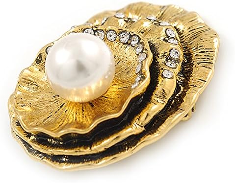 Vintage Inspired Textured, Crystal Shell with Pearl Brooch In Antique Gold Metal - 50mm L, white / ivory, gold - Image 5