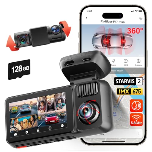 Image of REDTIGER F17 Plus 4 Channel Dash Cam, 2.7K+3*1080P Car Camera, 360 View with Dual Rotatable Inside Lenses, STARVIS 2 IMX675, IR Night View, Free 128GB Card, 5GHz WiFi GPS, Voice Control, Touchscreen