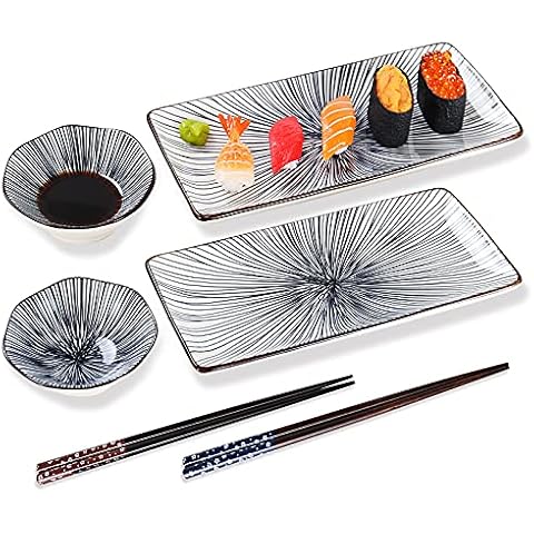 Relaxing Garden 6 piece sushi plate set, 10-inch ceramic rectangle sushi dishes, sushi serving set for 2, with 2 sushi plates 2 sauce bowls 2 pairs of chopsticks Cover