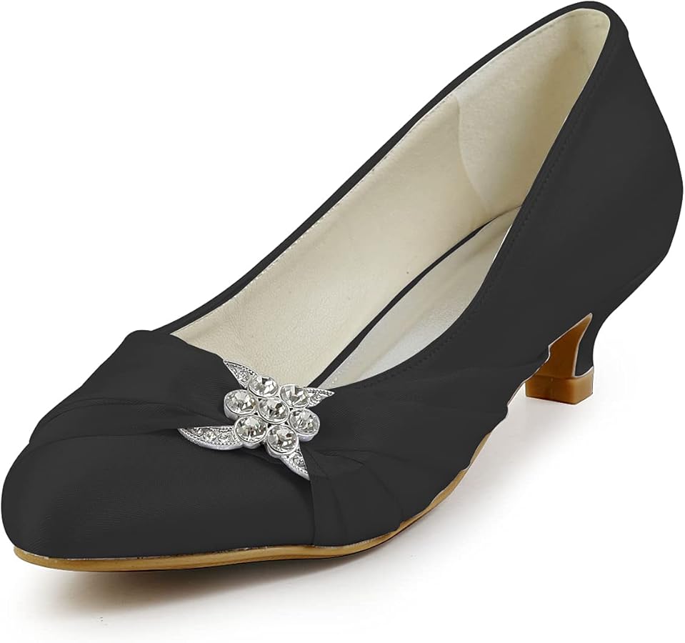 Women's Satin Wedding Pumps With Crystal Details - Low Heel Bridal Shoes Closed Toe