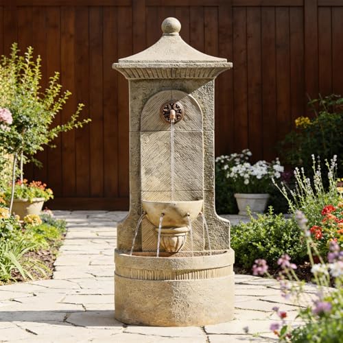 Image of Bumilgar Outdoor Wall Fountain, 42.91 in Freestanding with LED Lights | European-style resin wall fountain with LED lights and flat-back design for patios, gardens, courtyards, and porches