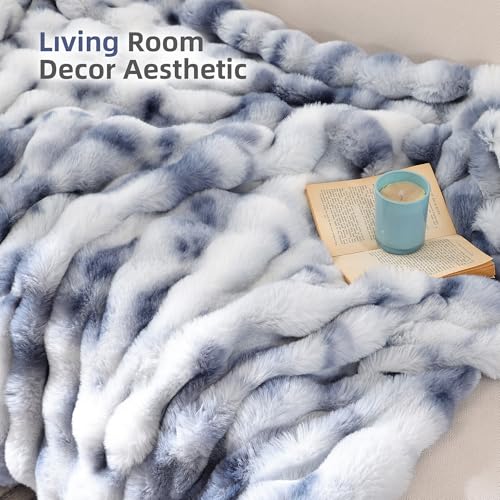 Smoofy Faux Fur Throw Blanket for Couch Rabbit Fleece - Tie-dye Blue Fluffy Blanket for Sofa Bedroom Living Room, Cozy Soft Plush Luxury Thick Winter Fuzzy Comfy Bubble Blanket - 60" x 80"