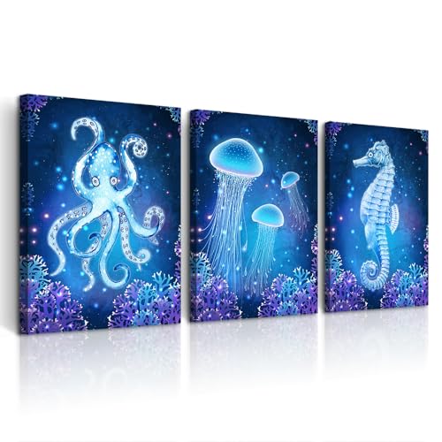 DZRWUBHS Wall Art Paintings For Bedroom Living Room Wall Decor Blue Ocean Life Theme Art Prints Wall Artworks Sea Animal Sea Horse Octopus Jellyfish Pictures Bathroom Home Decor Posters 3 Panels