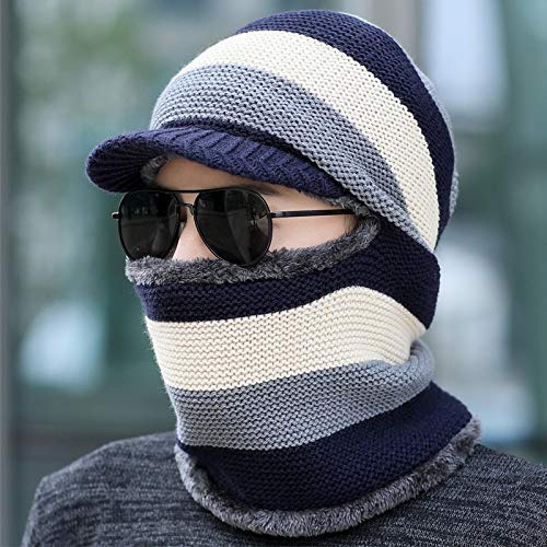 Chapeau tricoté bleu marine doublé écharpe intégrée chaud homme