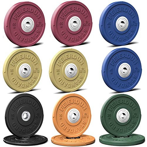 Image of FEIERDUN Color Bumper Plate Set, 2-Inch Olympic Weight Plates, Low Bounce Rubber Barbell Plates with Stainless Steel Insert for Weightlifting, Strength Training, CrossFit & Home Gym, 10LB-370LB