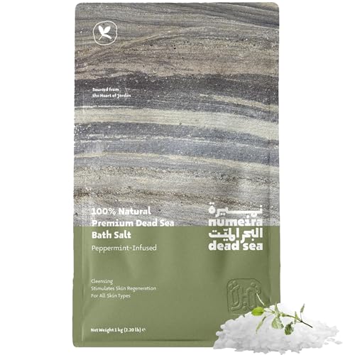 Numeira Sales de baño del Mar Muerto, sal marina muerta recolectada de forma natural, sales de baño para remojar y relajarse, de Jordania, 1 kg de sal marina gruesa con aroma a menta