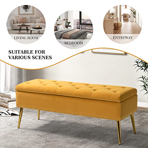 Image of HULALA HOME Modern Velvet Storage Ottoman with Gold Base & Nailhead Trim, Upholstered Bedroom Bench for End of Bed, Button-Tufted Footstool for Entryway Living Room Dining Room, Mustard