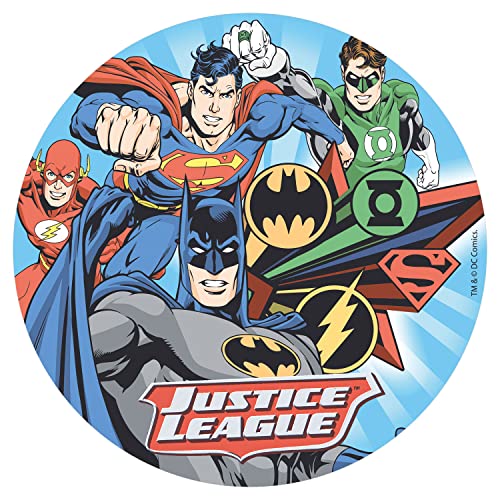 Dekora-160137 Decoracion Tartas de Cumpleaños Infantiles en Disco de Oblea de La Liga de la Justicia-20 cm Diámetro Justice League