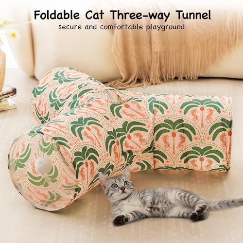 Image of Tempcore Cat Tunnel for Indoor Cats, 3 Way Collapsible Pet Play Tunnel with Teaser Wand, Peek Holes & Hanging Ball, Interactive Tube for Kittens & Rabbits, Khaki Coconut Tree