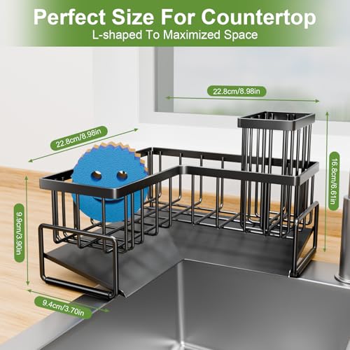 Image of Fikoksol Large Sponge Holder for Kitchen Sink, 90-Degree Sink Caddy Storage | Self Draining Sponge Rack for Countertop, Metal L-Shaped Dish Soap Organizer with Brush Holder, Corner Sink Storage Ideas