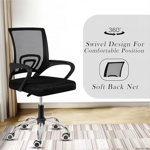 Image of Casa Copenhagen Mesh Mid Back Office /Study /Computer /Revolving /Desk Chair for Work from Home -Metal Base, Height Adjustable Seat- Jet Black & Black Handle
