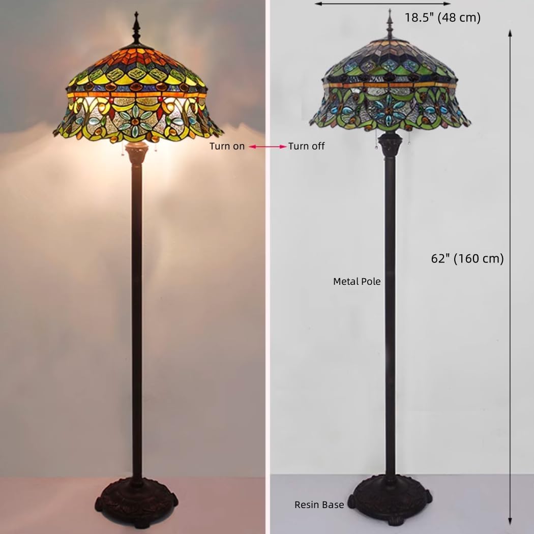 Beaded Tiffany Floor Lamp with Jewel Glass Vintage Standing Lamp with Pull Chain Traditional Stained Glass Floor Reading Light for Living Room Bedroom Farmhouse - Handmade Art Glass Shade