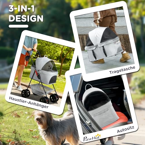 PawHut Hundewagen 3 in 1 Hundebuggy klappbar für Hunde & Katzen bis 4 kg Katzenbuggy mit Kissen Netzfenstern Getränkehalter Aufbewahrungskorb Katzenwagen Buggy Hellgrau