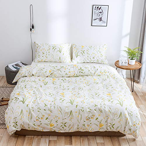 Lurson White Botanical Floral Duvet Cover Set Full Queen Size 100 Organic Cotton Boho Floral Bedding Set Yellow Green Flower Printed Reversible Comforter Quilt Cover Zipper Closure 3 Pieces (Hh,Q) #TOP2