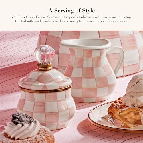 MACKENZIE-CHILDS Enamel Creamer, Creamer Dispenser with Pour Spout, Kitchen Enamelware, Pink-and-White Rosy Check