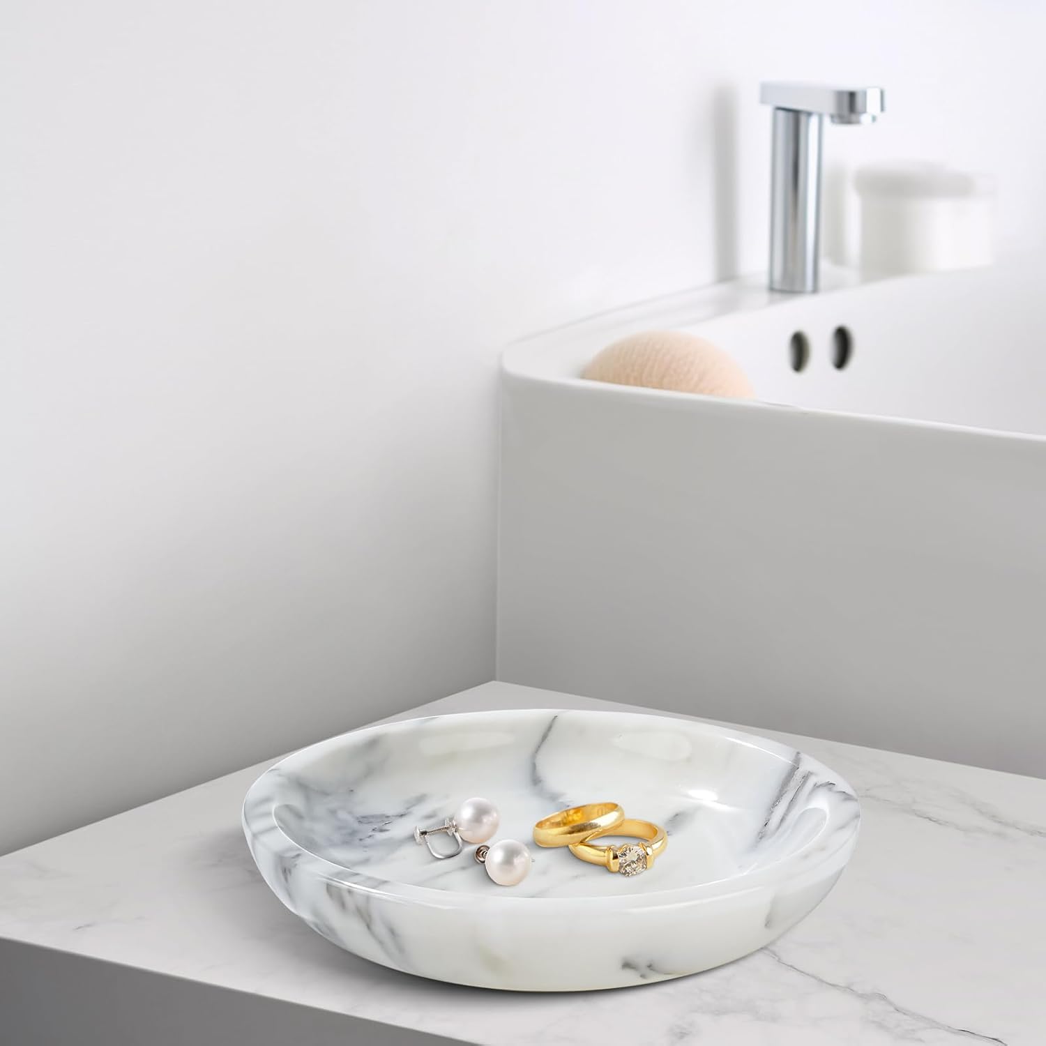 Natural Marble Jewelry Tray 5.5", Trinket Dish for Ring Earring, Gift for Woman Daugther (Arabescato Calacatta)