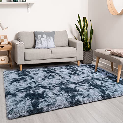 Qxkaka Soft Fluffy Rugs For Bedroom Living Room Carpet 3X5 Rug, Small Throw Rugs Fuzzy Shag Area Rug For Boys Kids Room, Non-Slip Machine Washable Tie Dye Rug, Plush Modern Home Decor, Blue Grey #TOP6