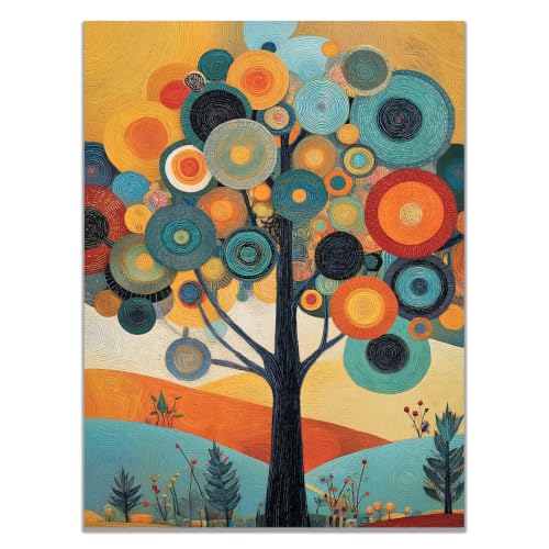 Pintura de árbol abstracto colorido sobre lienzo amarillo de 40x60cm