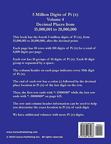 5 Million Digits of Pi - Volume 4 - Decimal Places from 15,000,001 to 20,000,000: 4th 5000000 decimal places; 8000 digits on page; Digit counter on each row; Offset column index; Pi Day – vue 2