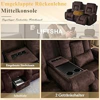 LIFTSHA Zweisitzer Relaxsessel Fernsehsessel mit Liegefunktion， Braun | Elektrisch Verstellbar TV Sessel Heimkino Sitze mit Mittelkonsole, LED-Lichter, Heizung & Vibrierende Massage, Samt – Ansicht 6