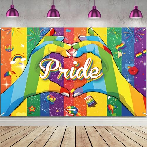 Pride Decorations Backdrop Banner LGBTQ Gay Pride Month Backdrop Decorations Hands Making Heart Sign Large Rainbow Banner for Photo Booth Prop Background Party Supplies (43 inch x 70 inch)