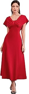 Women’s & Girl's Solid A-Line Maxi Dress | V-Neck Pleated Bodice | Cap Batwing Sleeves | Fit & Flare Evening Gown (Dress 274)