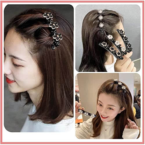 Foto von 5 Stück Haarspange mit 3 Clips Kolibri Haarspange mit Kristallblume Geflochtene Haarspange für Damen Frauen Mädchen Modische Doppelschicht Haarklammer Entenschnabel Haarspange
