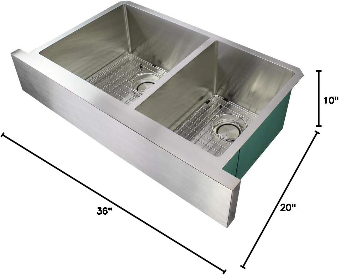 Transolid DUDOF362010 Diamond Apron-Front 60/40 Double Bowl 16-Gauge Stainless Steel Kitchen Sink, 36-in x 20-in x 10-in, Brushed Finish