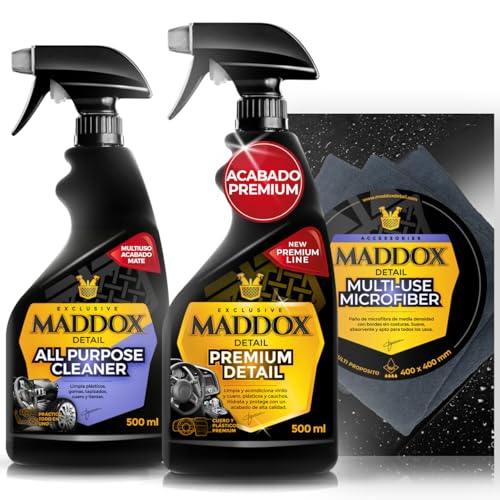 Maddox Detail - Kit Completo de Limpieza y Mantenimiento para Coche | Limpieza Profesional y Brillo Interior/Exterior de Coche | 2 en 1 Premium Detail + All Purpose Cleaner + Multi-Use Microfiber