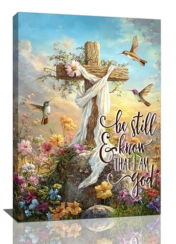 Crekviy Cross Christian Decor Wall Art Religious Pictures Canvas Prints Painting Church Artwork Faith Bible Verse Decoration Gifts for Bathroom Bedroom Living Room Framed 16"x24"