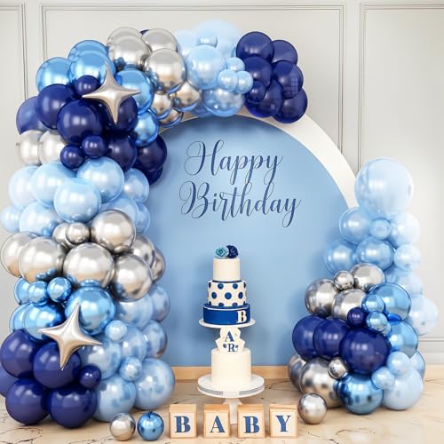 Image of Blue Silver Balloon Arch Kit, Star Foil Balloons for Boys Birthday Party | Chrome Silver, Pearl and Royal Blue Latex Balloons for Boys Birthday, Ocean Theme Party, Baby Shower and Party Decorations