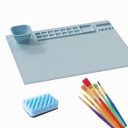 Silicone Art Mat, Painting Palette, Silicone Art Mat with Cup, Silicone Mat for Resin, with Silicon Cup for Art, Crafts Painting, Clay and Play Doh (Blue)