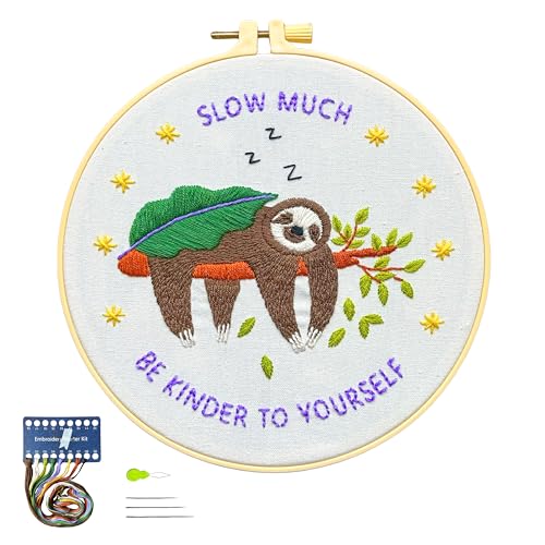Image of La glaneuse Embroidery Kit for Adult, Beginner Embroidery Kit with Cute and Funny Animal Pattern, Six Simple Stitches to Get a Positive Sloth Pattern, Mental Health and Stress Relief Gift for Him /Her